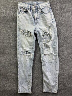 American Eagle Highest Rise Baggy Mom Jeans Womens 2 Light Wash Distressed 25x29